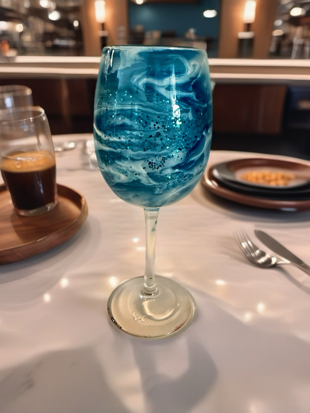 Teal Ocean Wave Glitter-Infused Hand-Painted Wine Glass