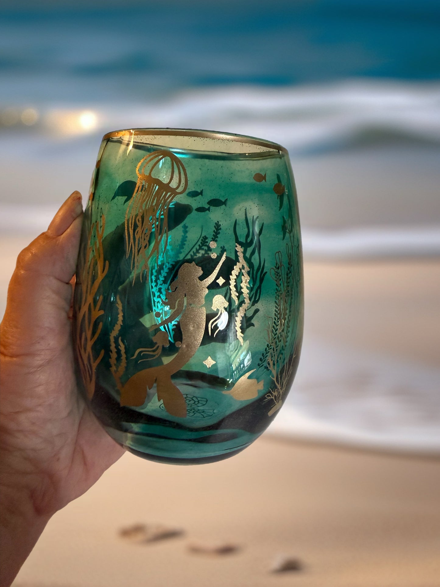 Teal Coastal Wine Glass - Handcrafted with Gold Marine Art