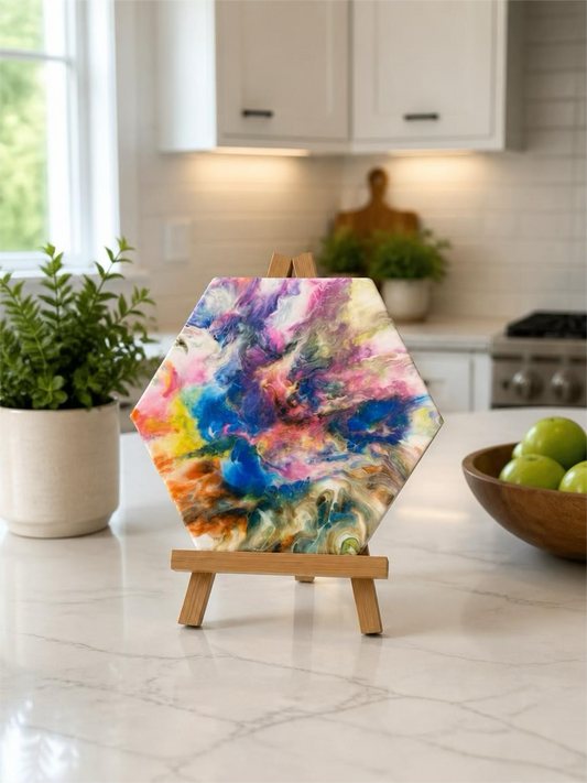 Prismatic Dream Hexagon Trivet – 9-Inch Hand-Painted Fluid Art & Resin