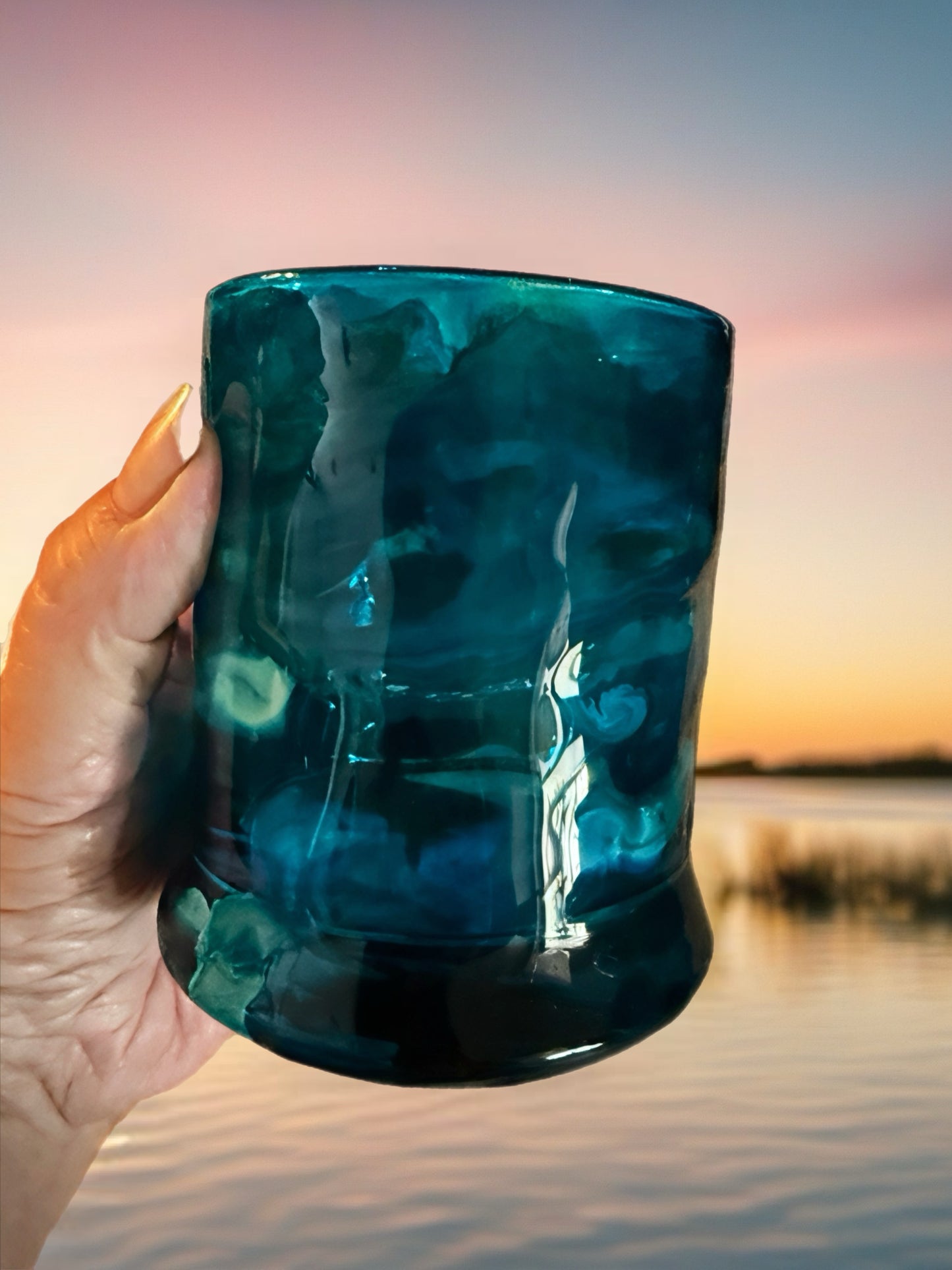 Hand‑Crafted Blue Swirled Whiskey Glass