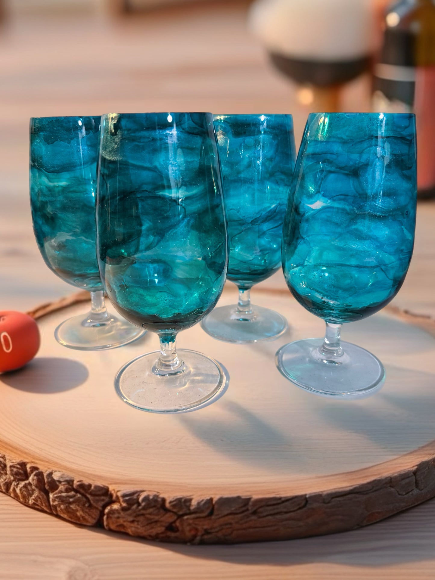 Handcrafted Blue Marbled Short Stemmed Wine Glass