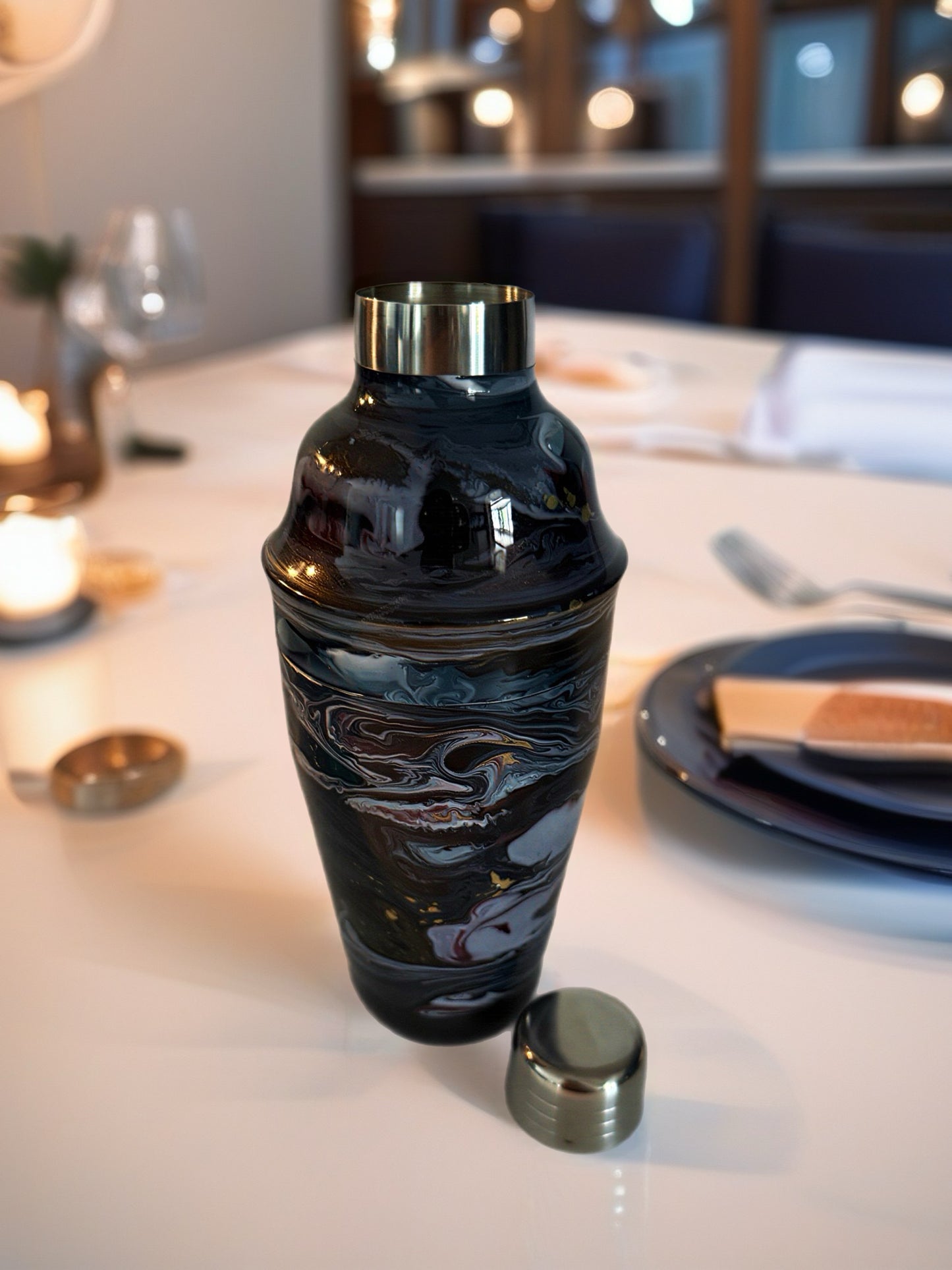 Black Obsidian Swirl Cocktail Set – Shaker with 4 Gold-Accented Martini Glasses
