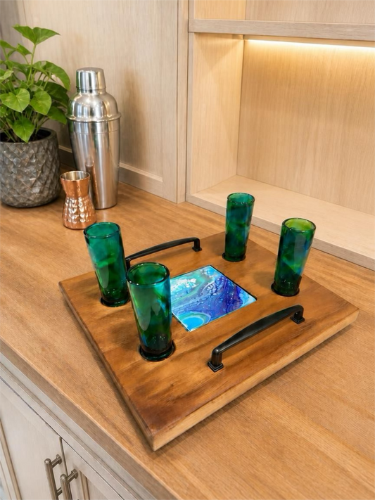 Emerald Tide Shot Glass Set – Deep Green Fluid Art Glasses with Custom Wood Tray