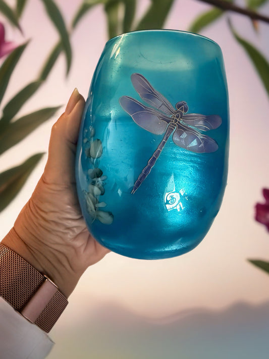 "Ethereal Dragonfly" Blue Stemless Wine Glass
