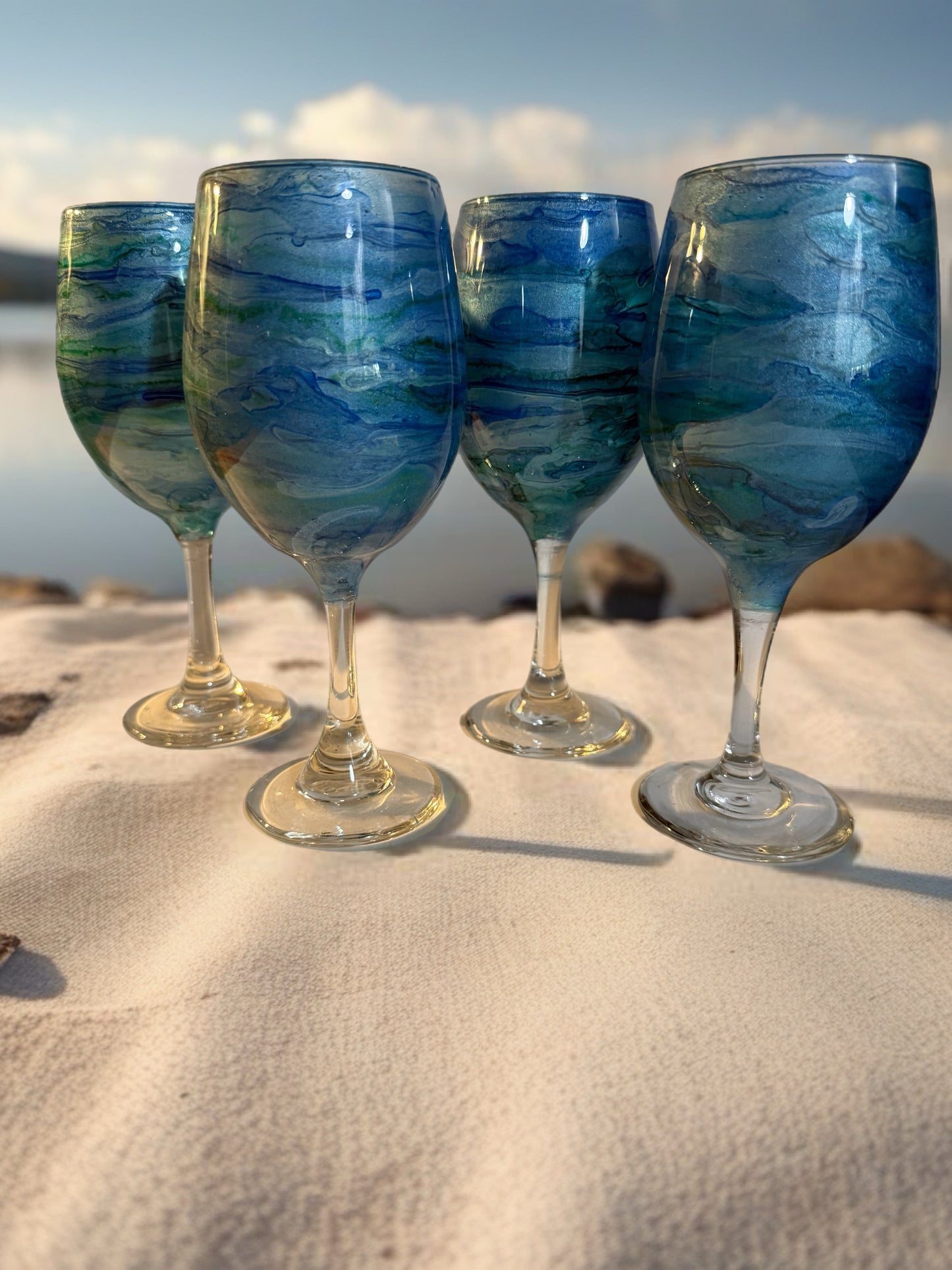 Handcrafted Blue, Green & Turquoise Marbled Wine Glass