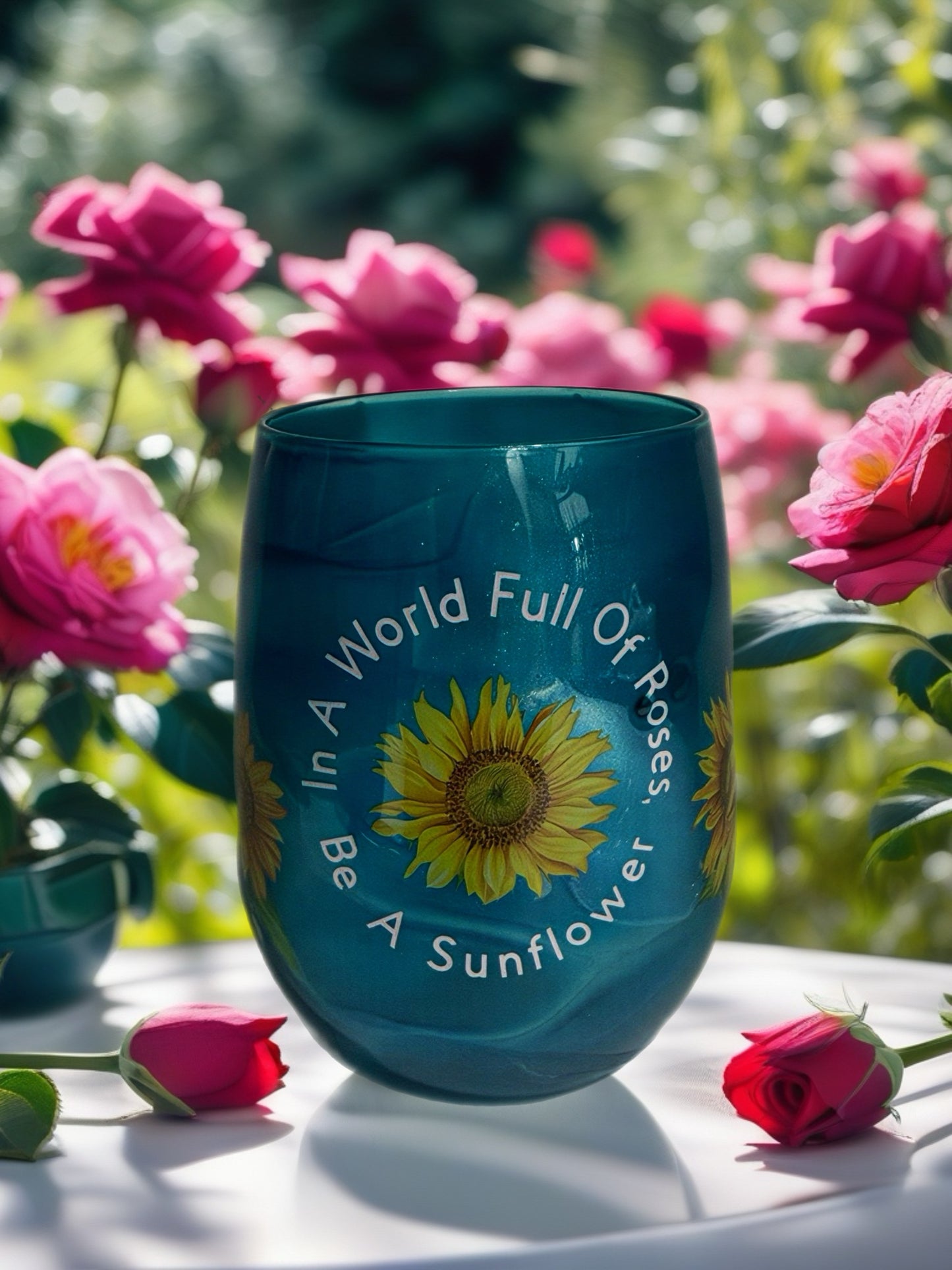 "Be A Sunflower" Teal Shimmer Stemless Glass