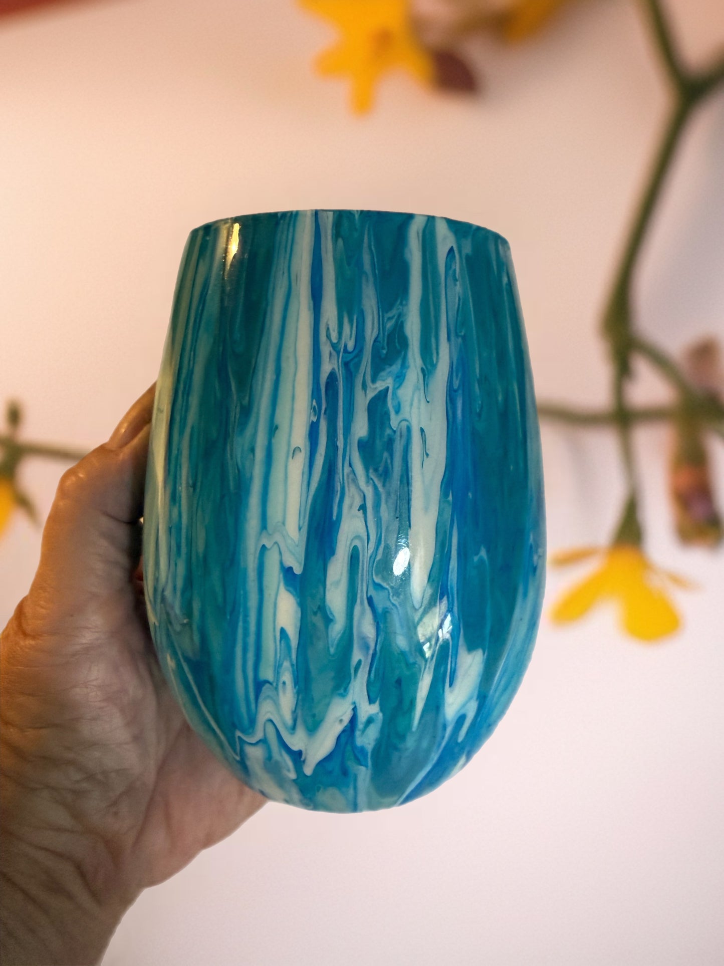 Ocean blue marbled wine glass