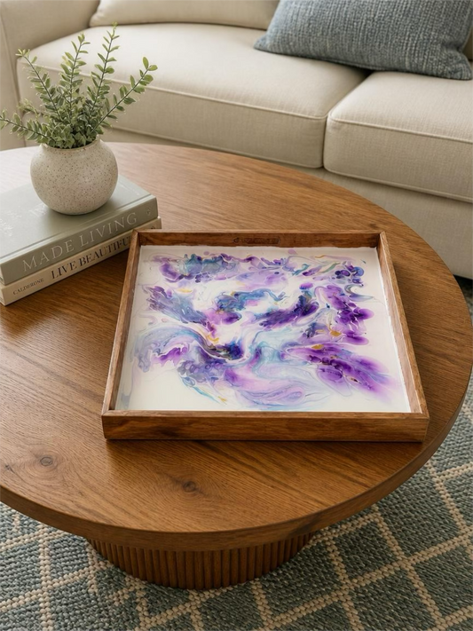 Lavender Bloom Acrylic Resin Decorative Tray – 13" Square Wooden Tray