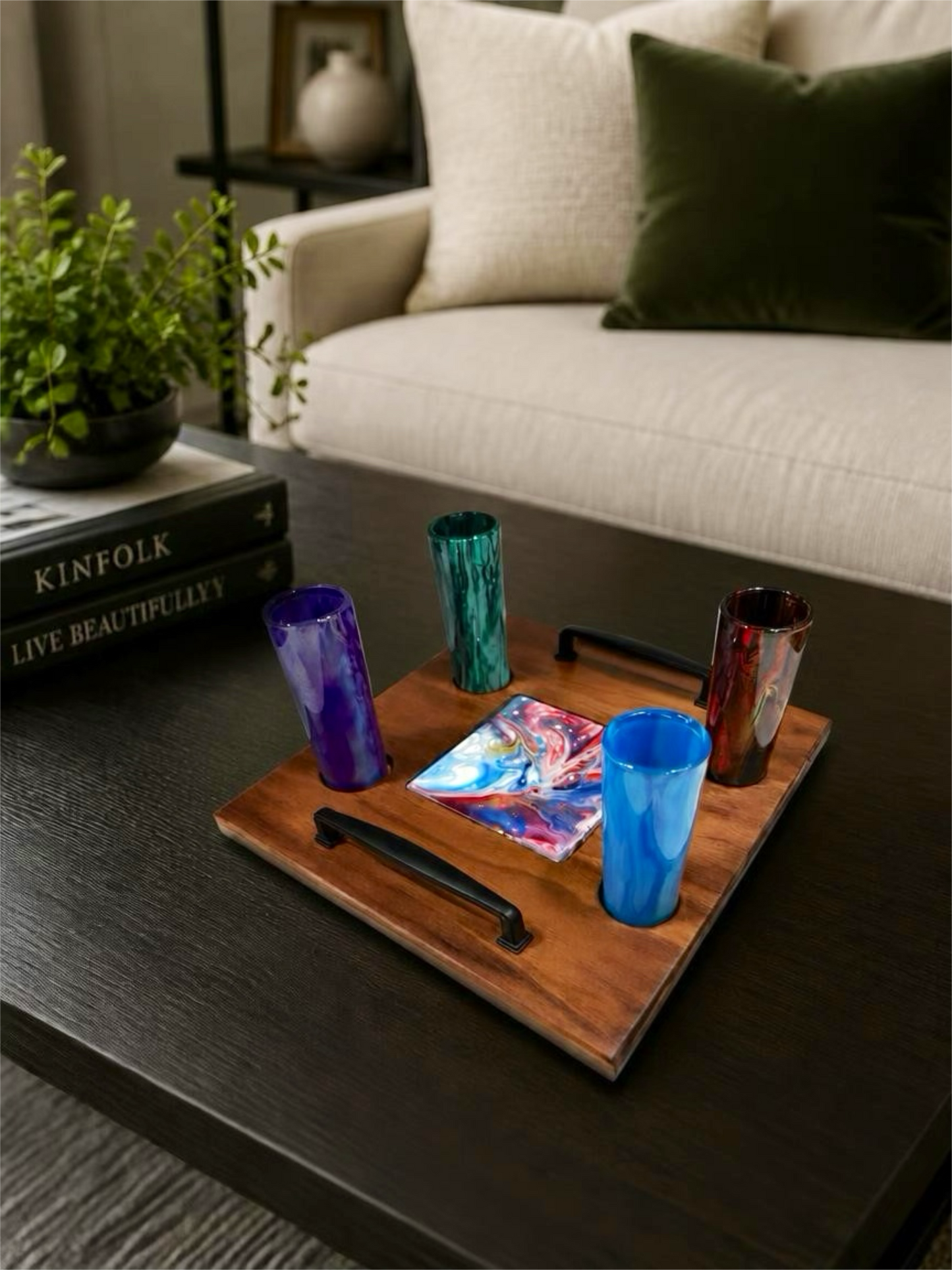 Prism Swirl Shot Glass Flight Set – 4 Glassware Collection & Custom Wood Tray
