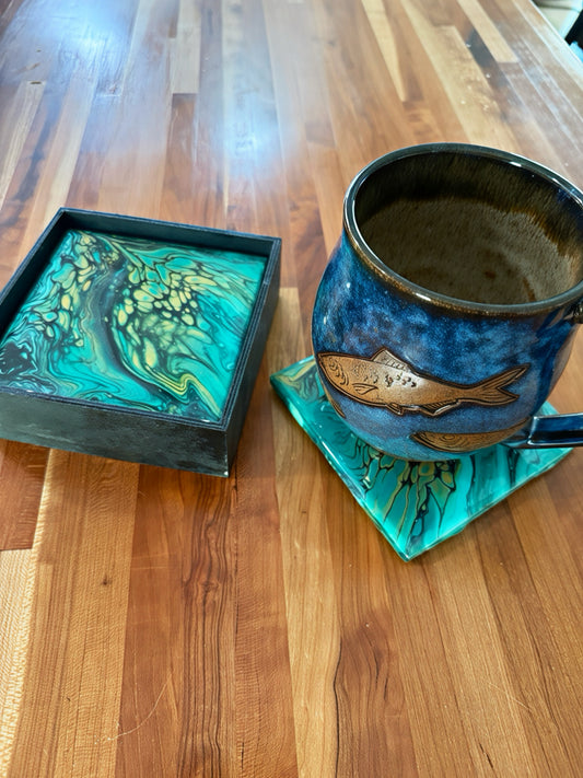 Green and gold coasters