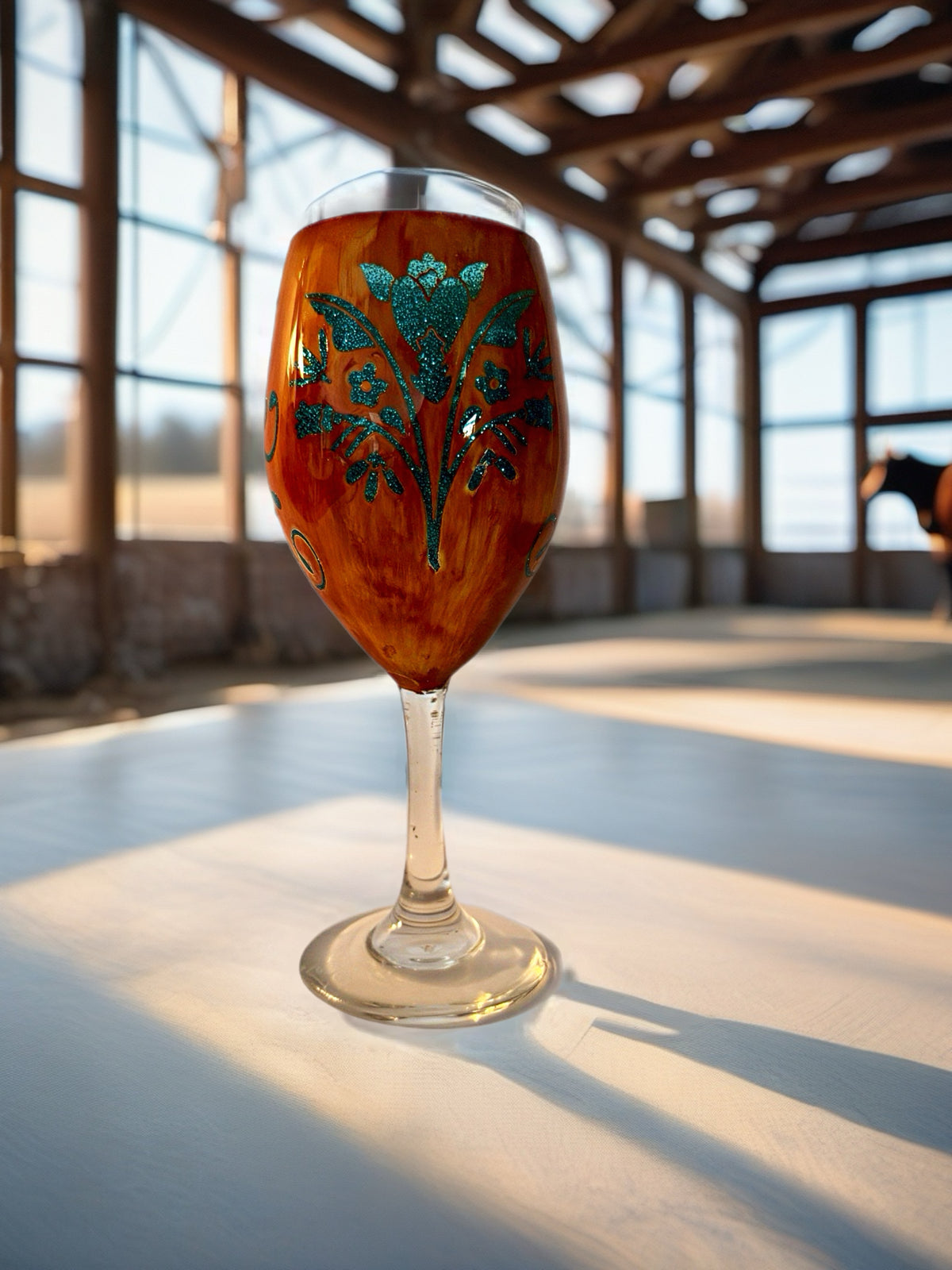 Rustic Sunset & Glittering Teal Floral Stemmed Wine Glass