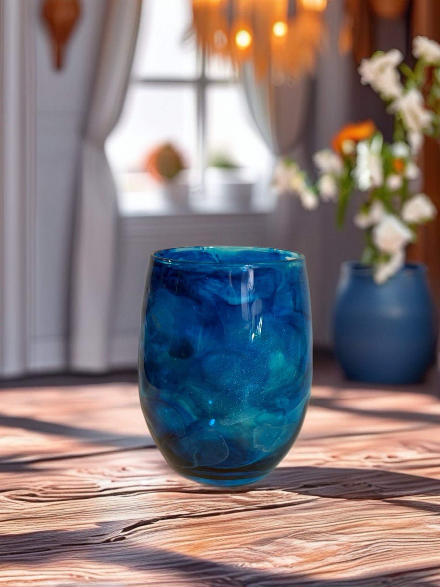 Azure Waters Stemless Artisan Wine Glass
