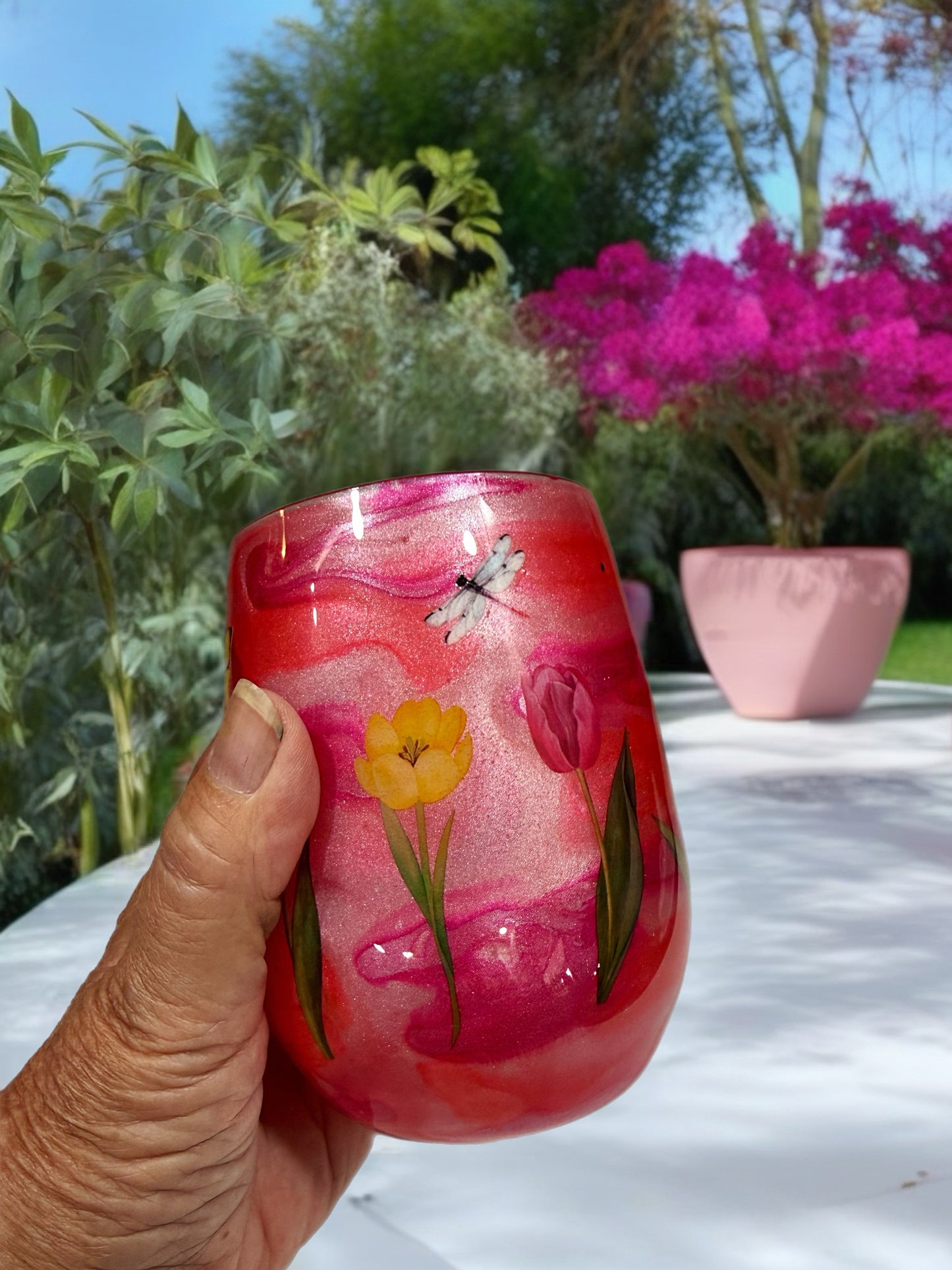 Enchanted Garden Stemless Wine Glass – Crimson & Tulips