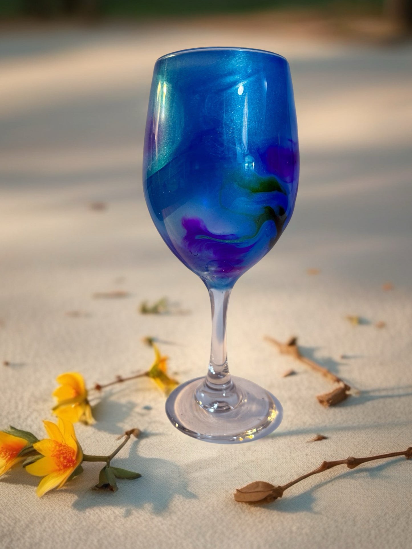 Handcrafted Blue, Purple & Green Marbled Wine Glass