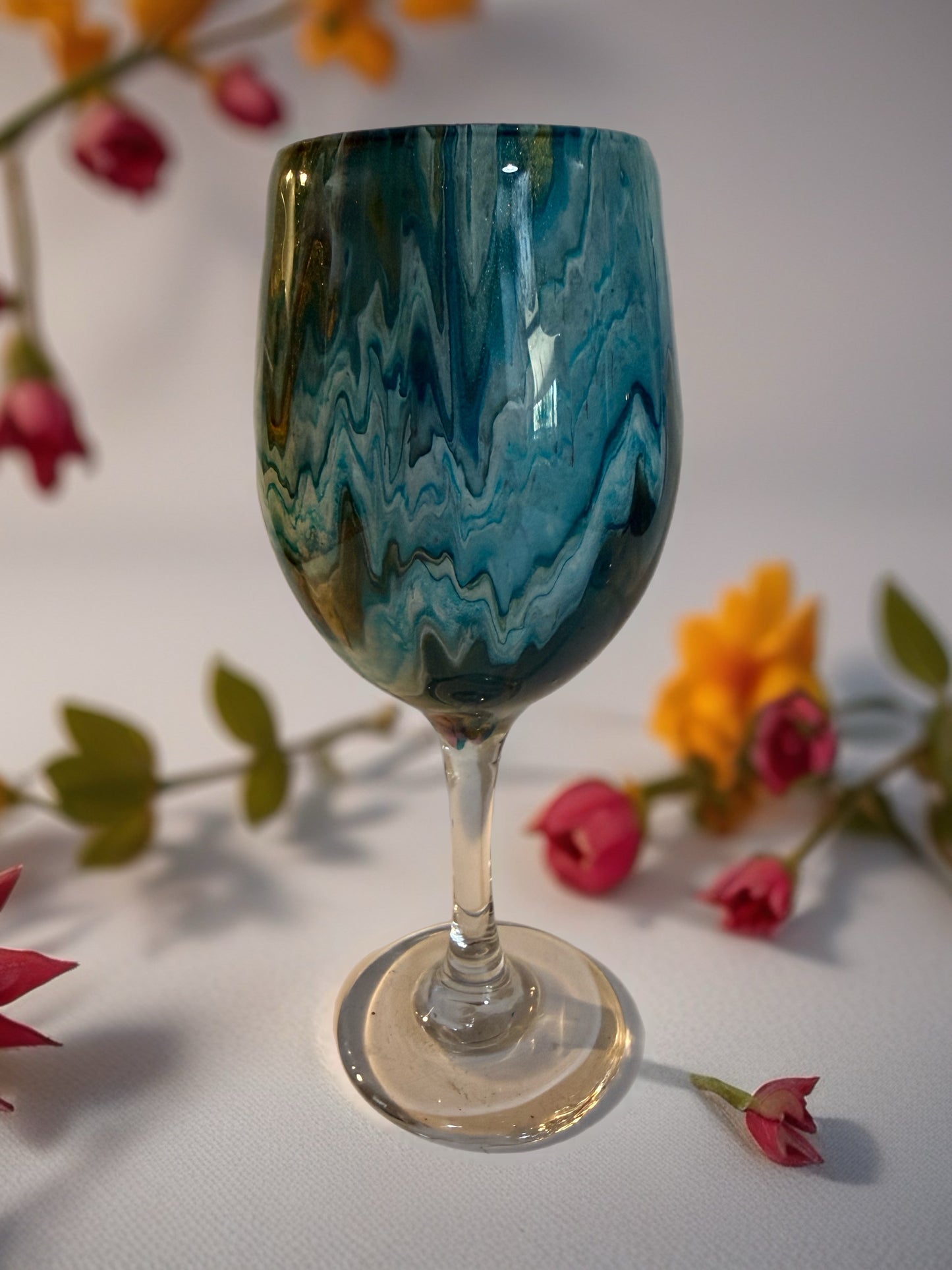 Handcrafted Blue & Teal Marbled Wine Glass