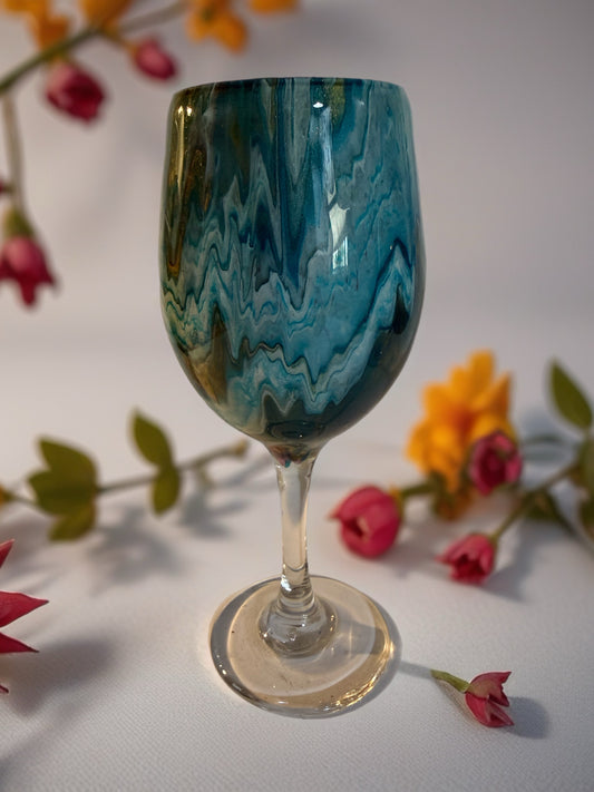 Handcrafted Blue & Teal Marbled Wine Glass