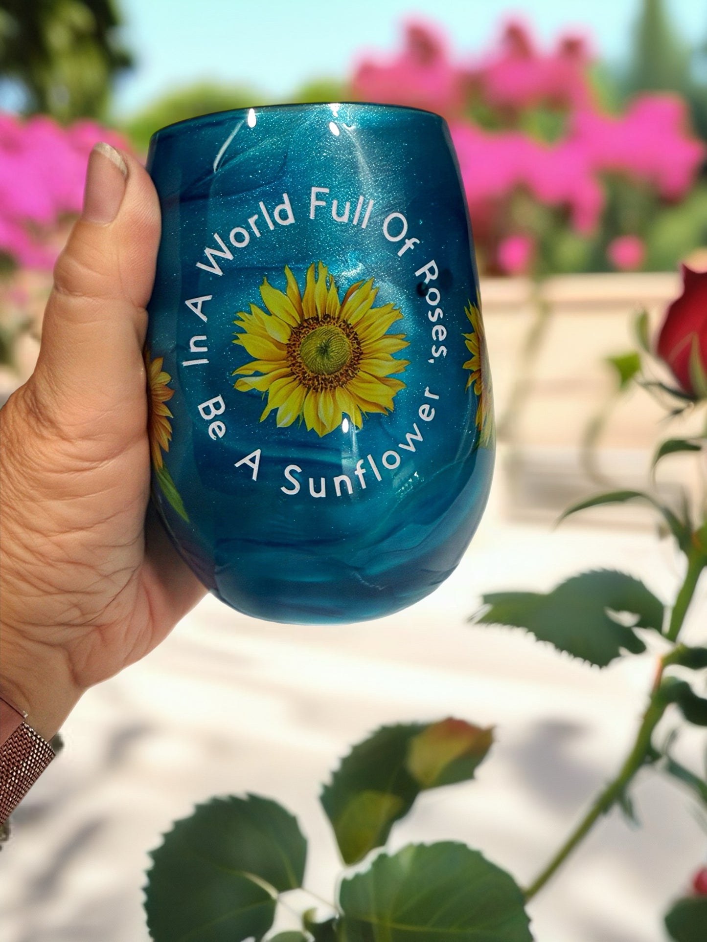 "Be A Sunflower" Teal Shimmer Stemless Glass
