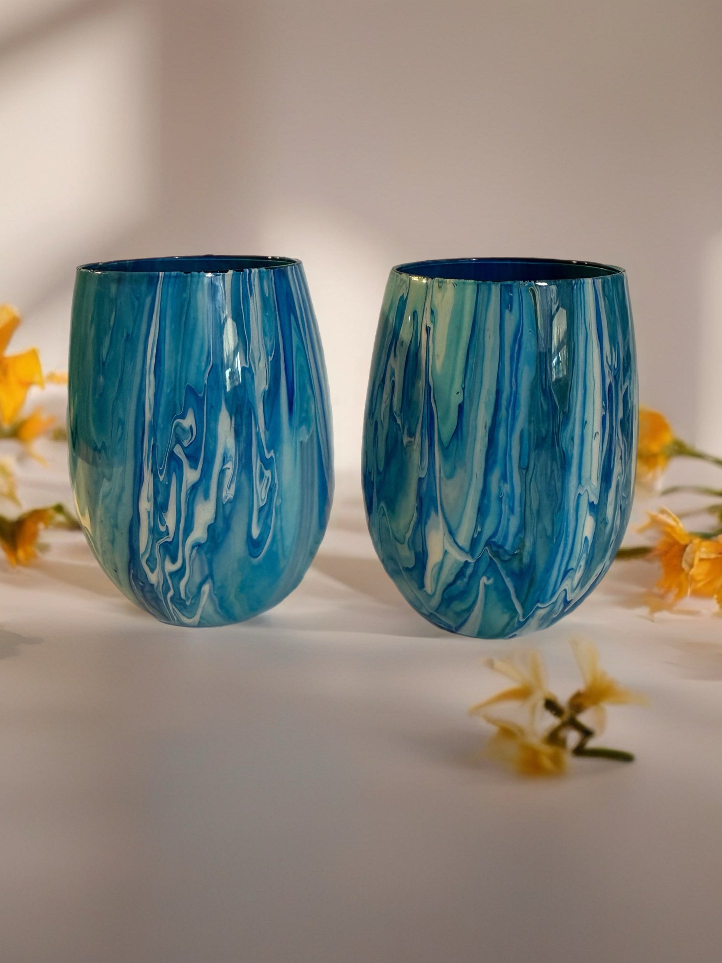 Ocean blue marbled wine glass