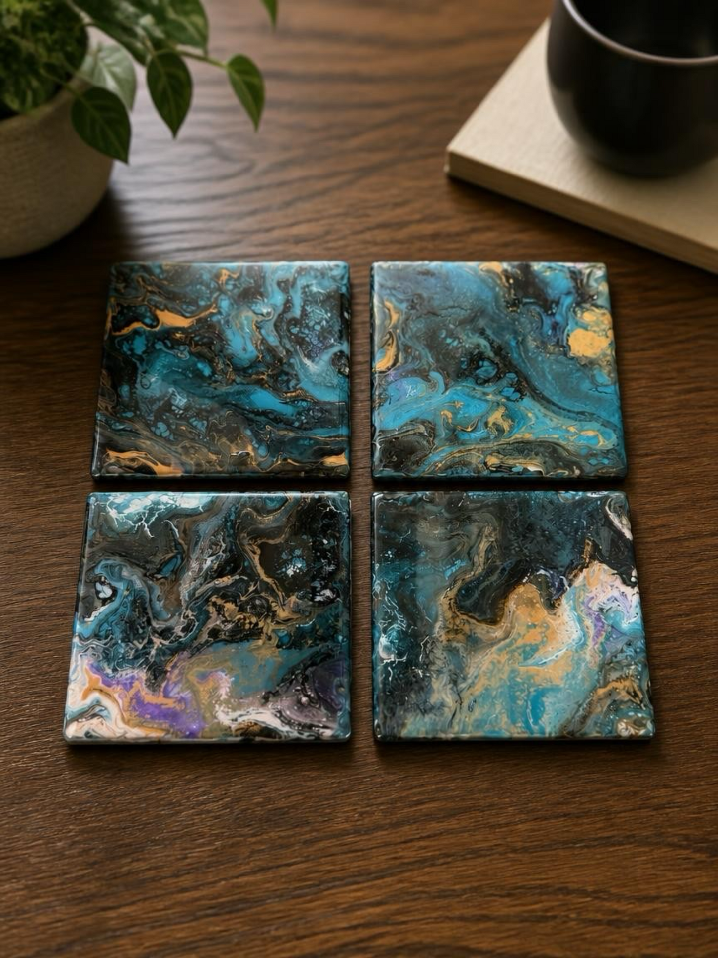 Celestial Marbled Resin Coasters – Turquoise, Gold Vein & Black