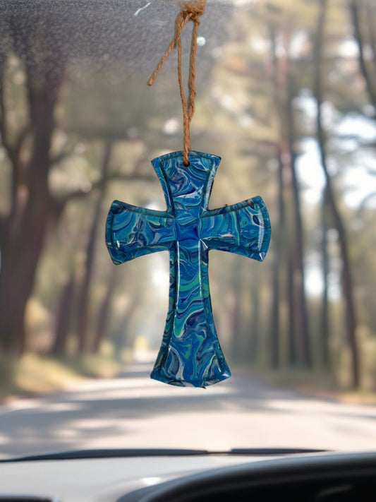 Ocean Wave Fluid Art 5-Inch Wooden Cross