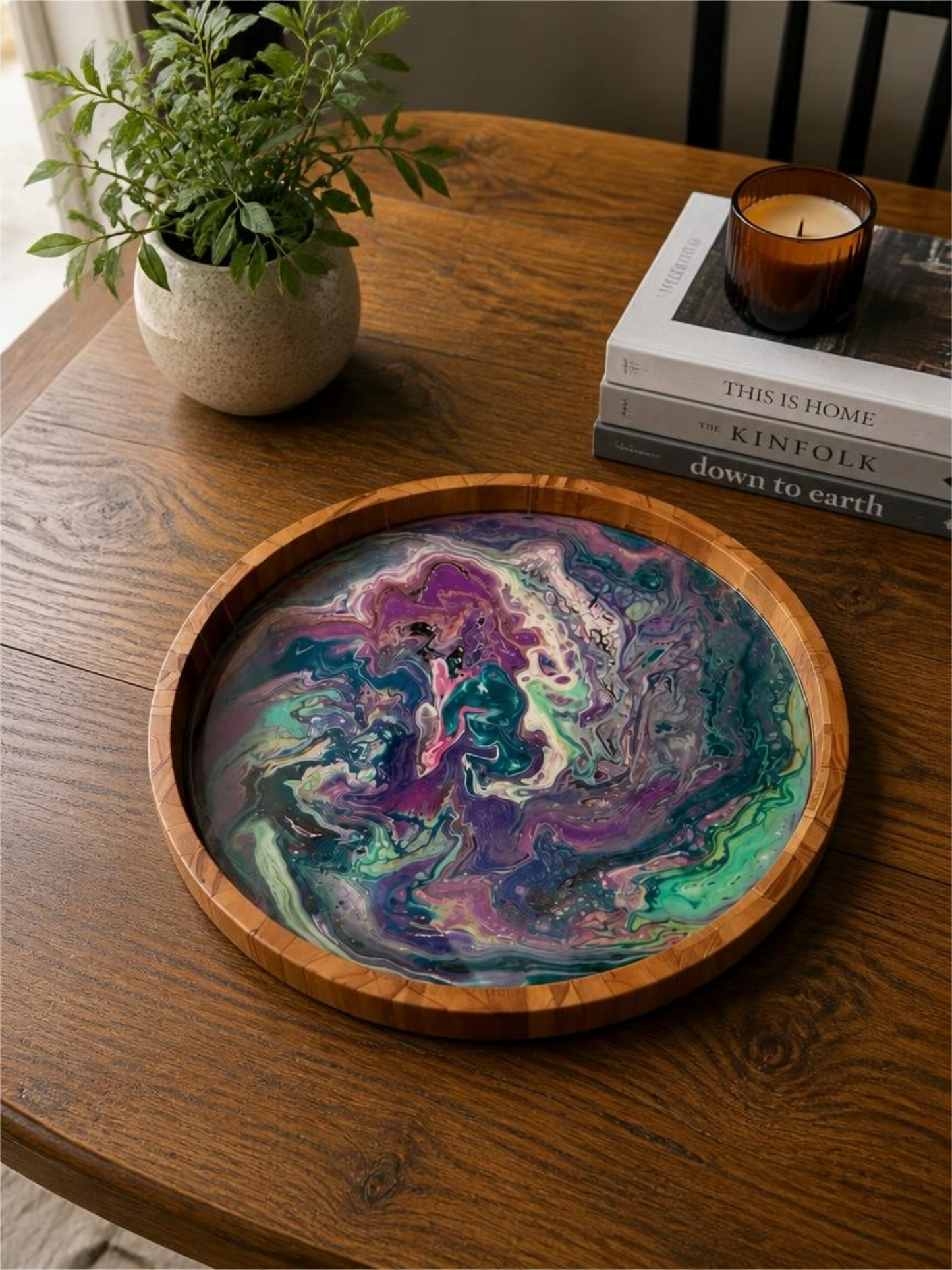 "Enchanted Nebula" Handcrafted Resin Art 15 Inch Serving Tray