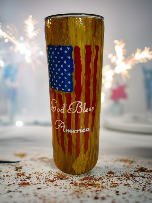 "God Bless America" Rustic Wood-Grain Tumbler