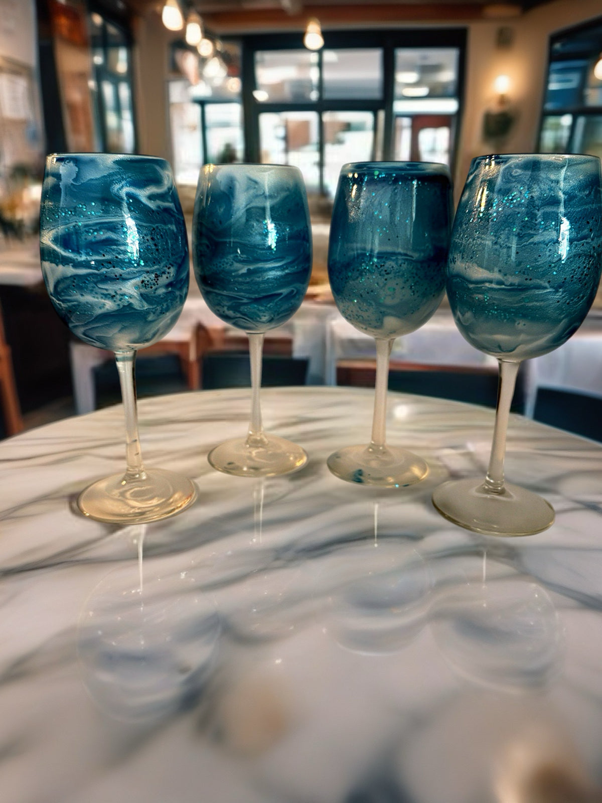 Teal Ocean Wave Glitter-Infused Hand-Painted Wine Glass