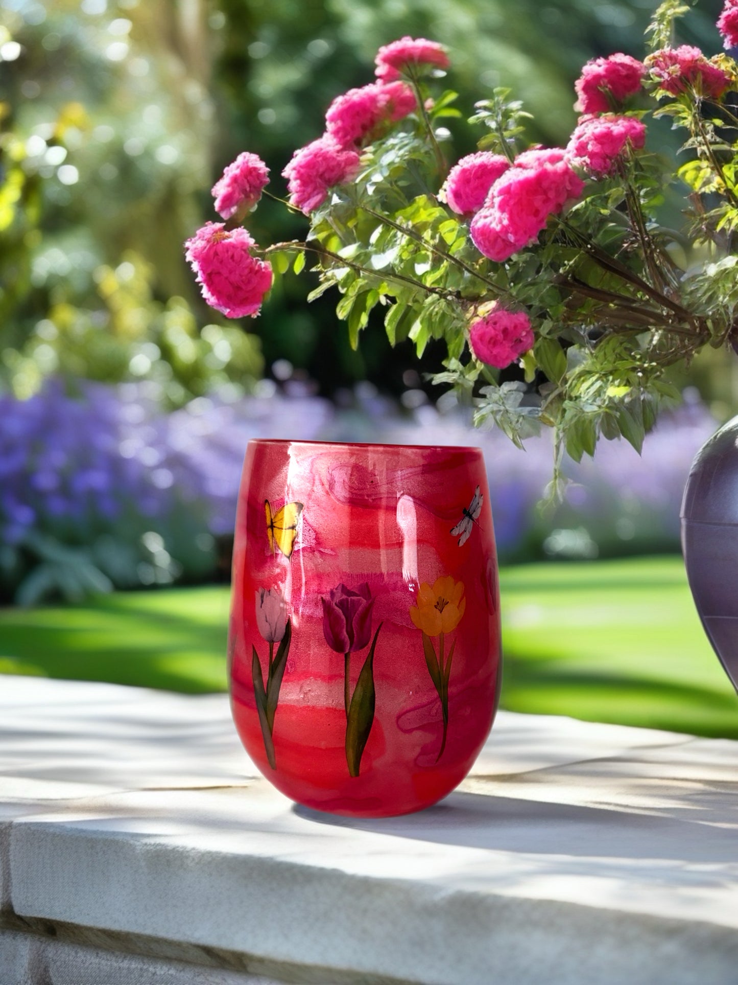 Enchanted Garden Stemless Wine Glass – Crimson & Tulips