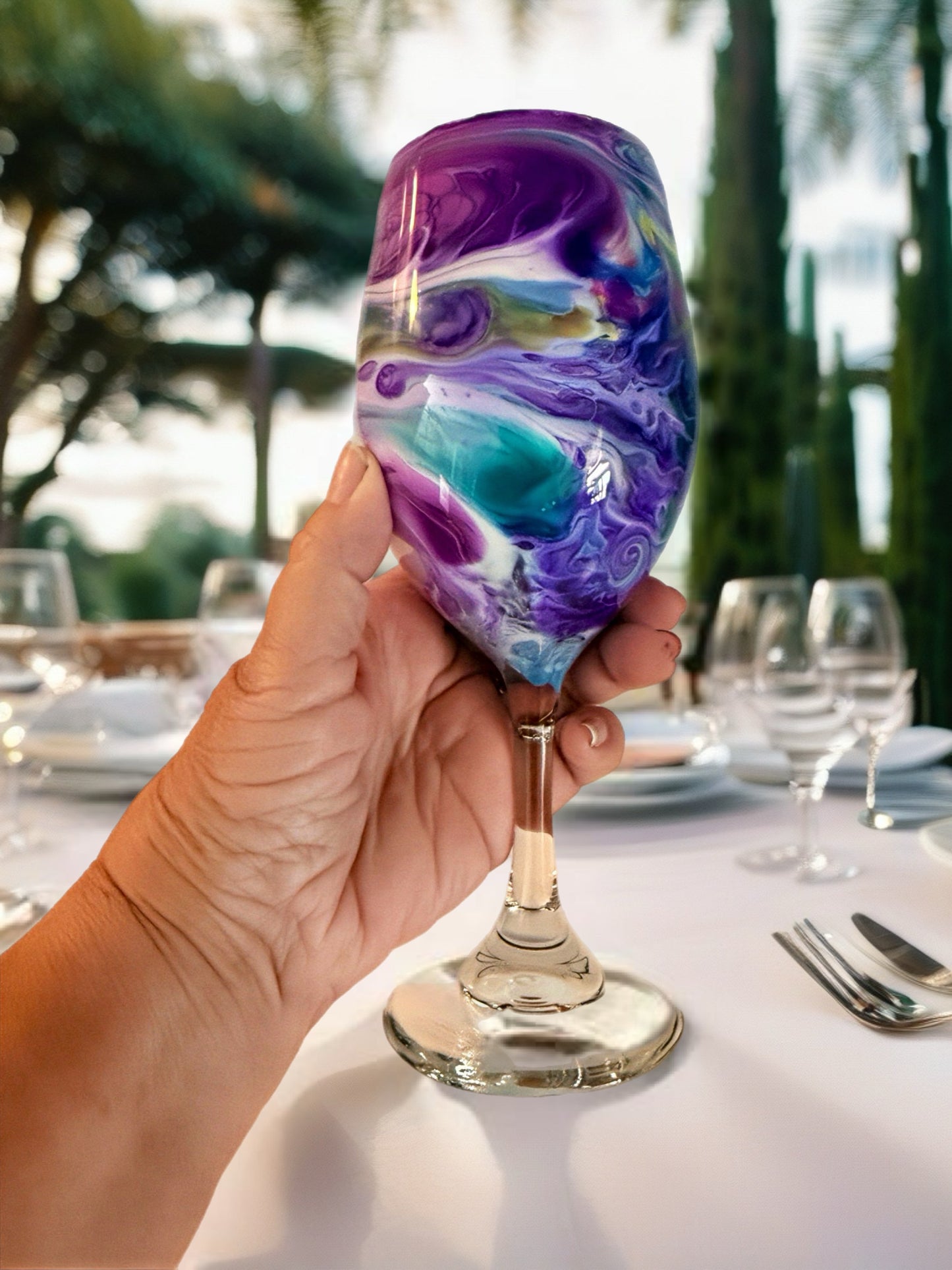 Amethyst & Teal Swirl Wine Glass