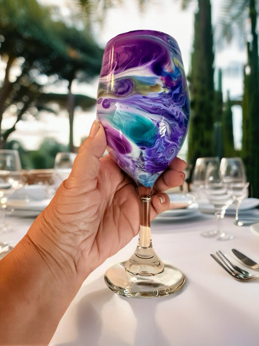 Amethyst & Teal Swirl Wine Glass