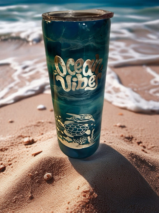 "Deep Sea Turtle" Silver & Teal Swirl Tumbler