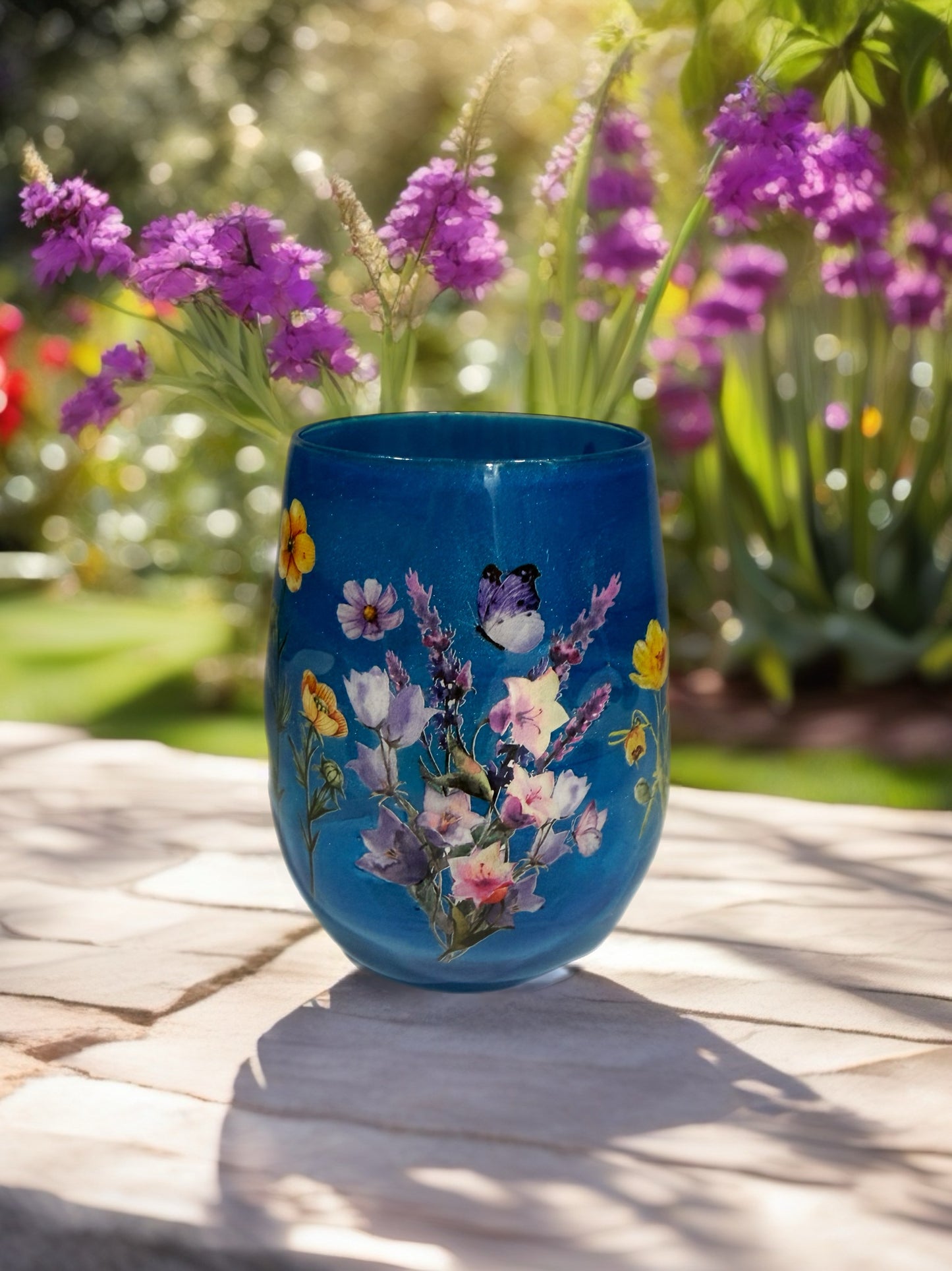 Azure Meadow Shimmer Stemless Wine Glass