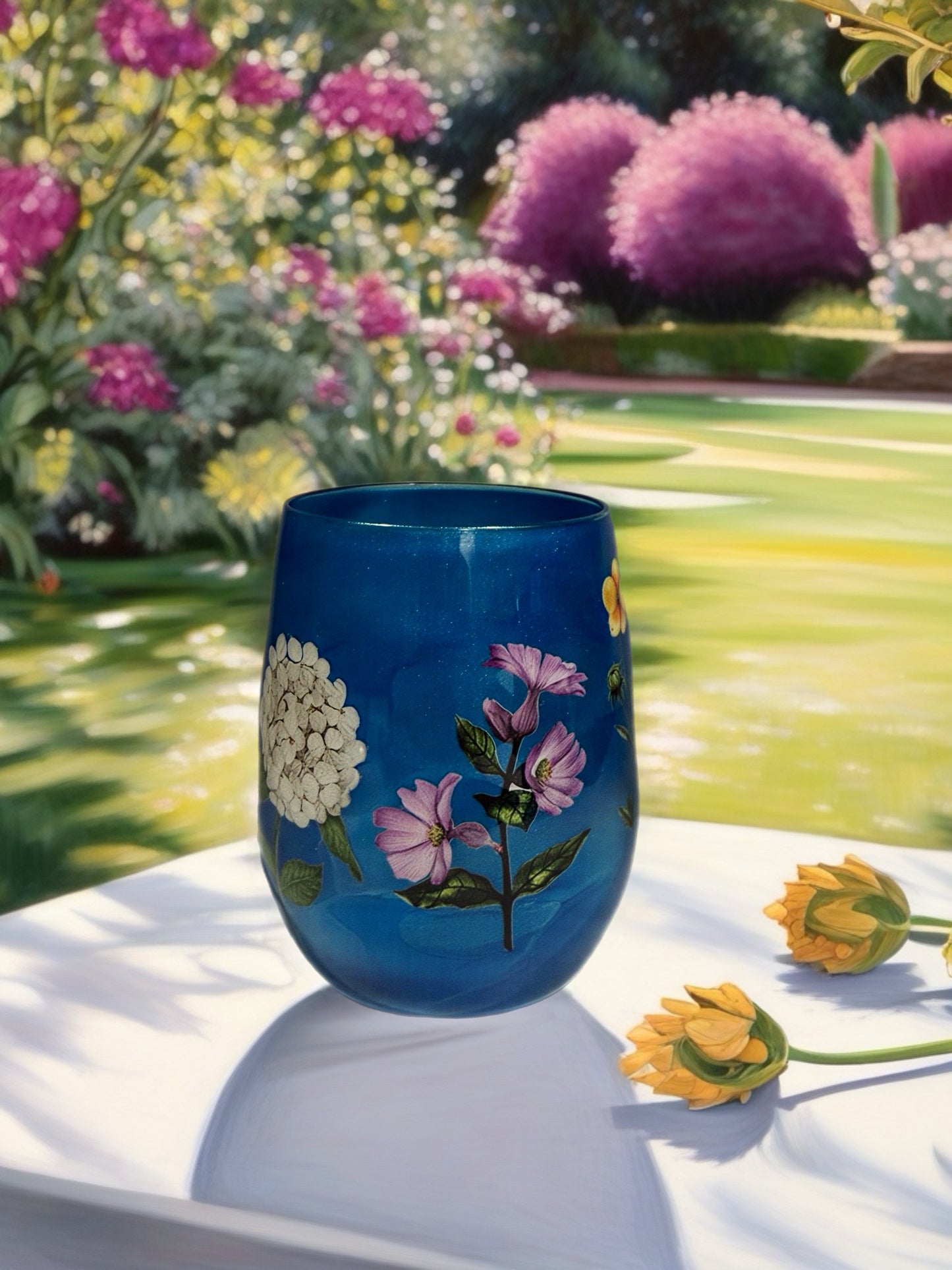 Azure Meadow Shimmer Stemless Wine Glass