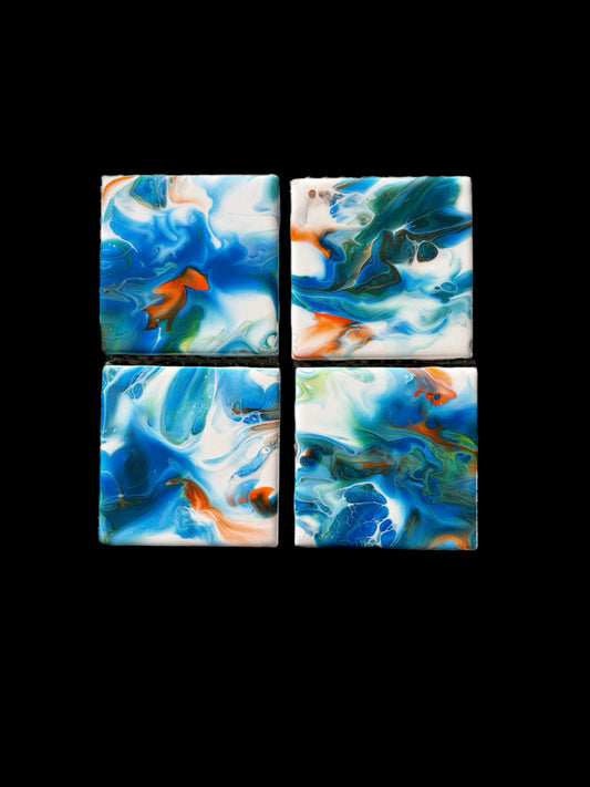 "Blue Lagoon" Hand-Painted Pour Art Coaster Set (Set of 4)