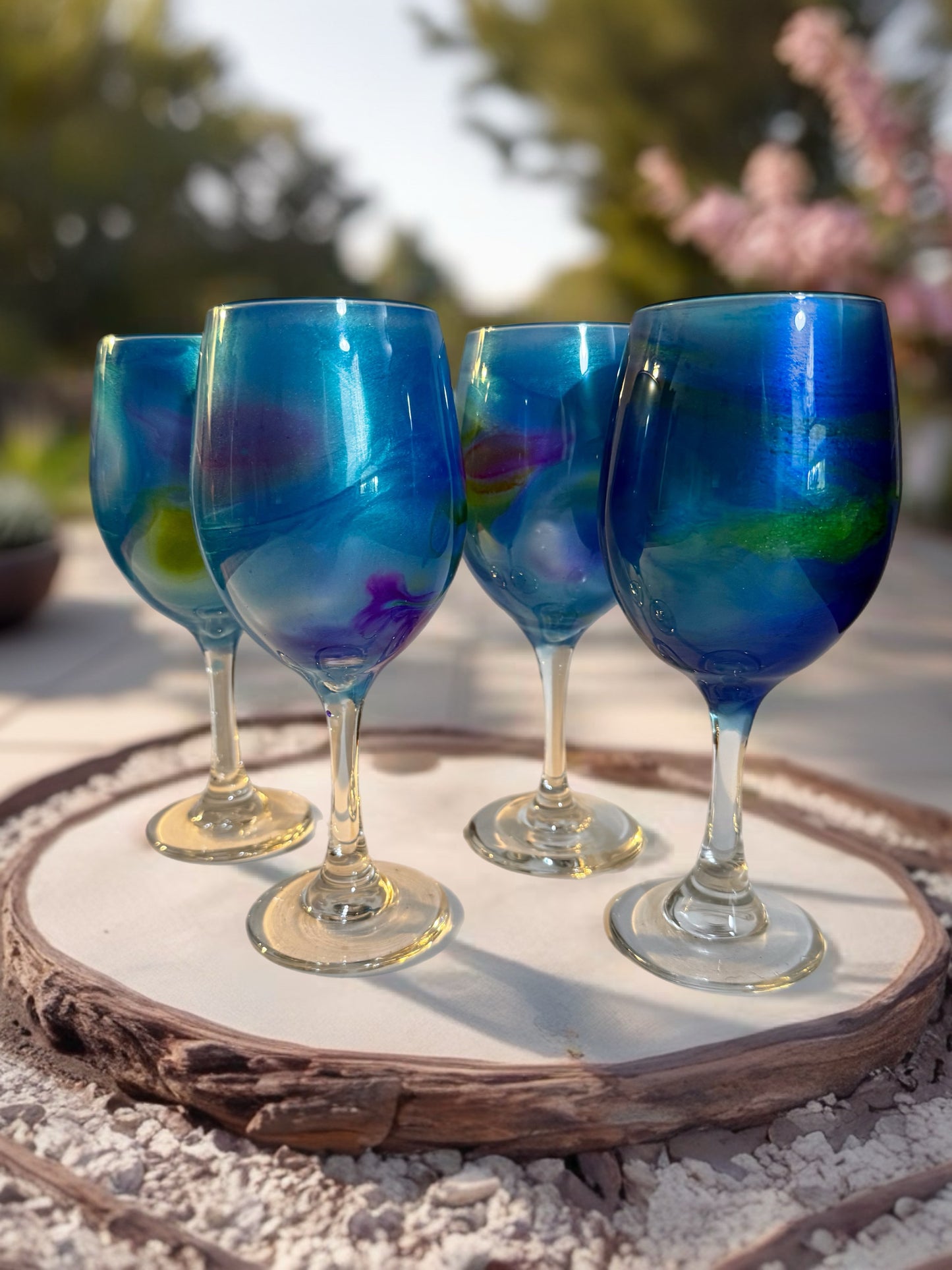 Handcrafted Blue, Purple & Green Marbled Wine Glass