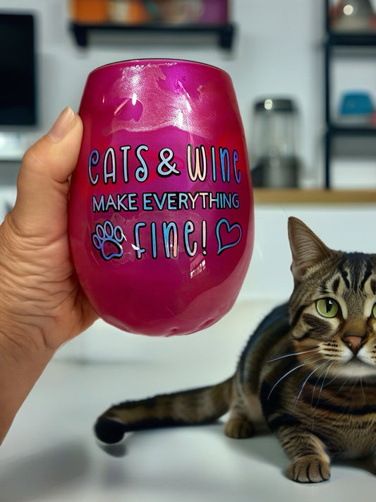 Hand-Painted "Cats & Wine" Pink Stemless Wine Glass