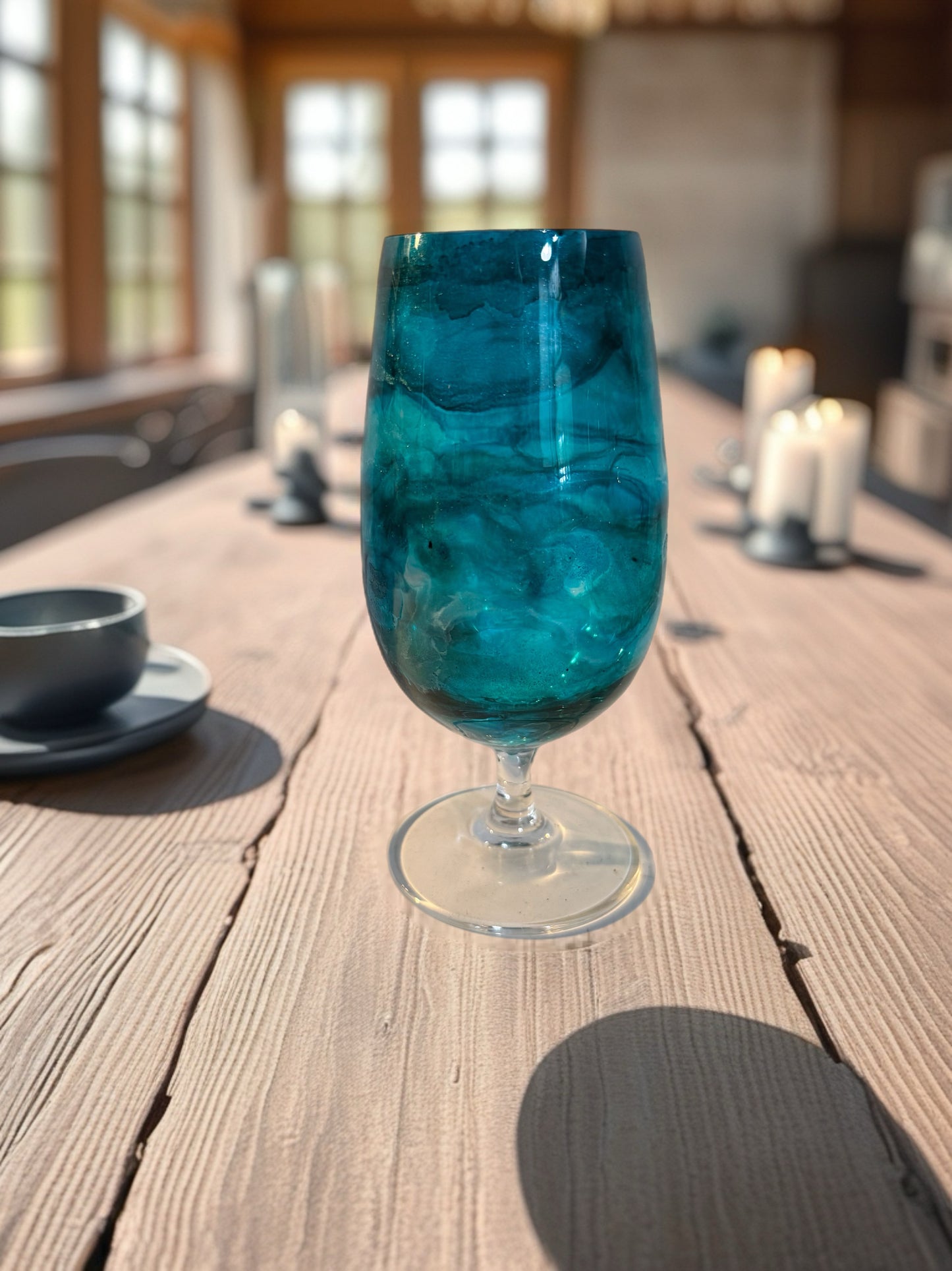 Handcrafted Blue Marbled Short Stemmed Wine Glass