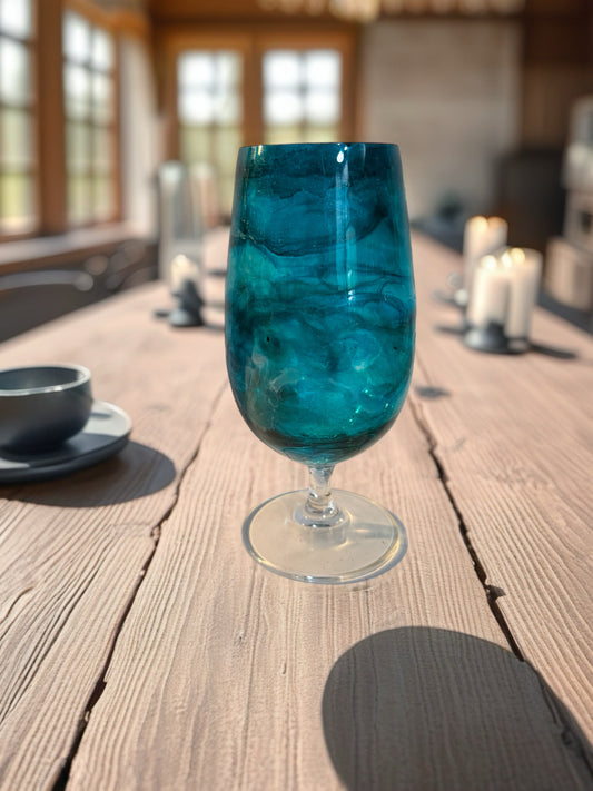 Handcrafted Blue Marbled Short Stemmed Wine Glass