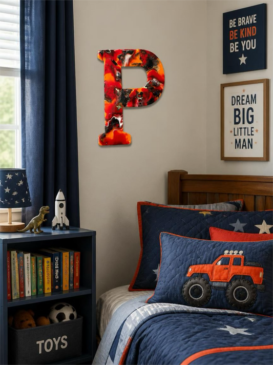 Crimson Flame Hand-Painted Resin Decorative Letter "P" – 12-Inch Custom Wall & Shelf Accent