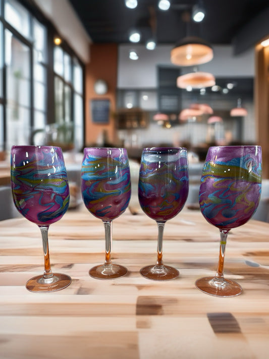 "Cosmic Twilight" Hand-Painted Stemmed Wine Glasses (Set of 4)