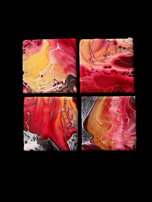 "Ruby Flame" Hand-Painted Pour Art Coaster Set (Set of 4)