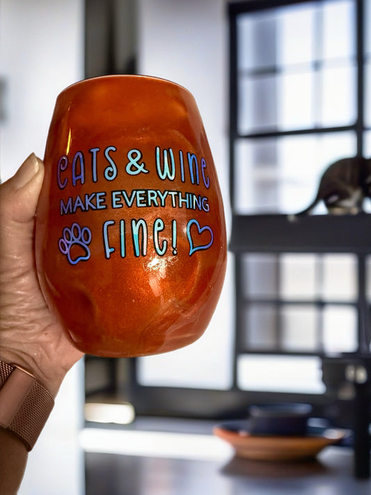 Hand-Painted "Cats & Wine" Stemless Wine Glass