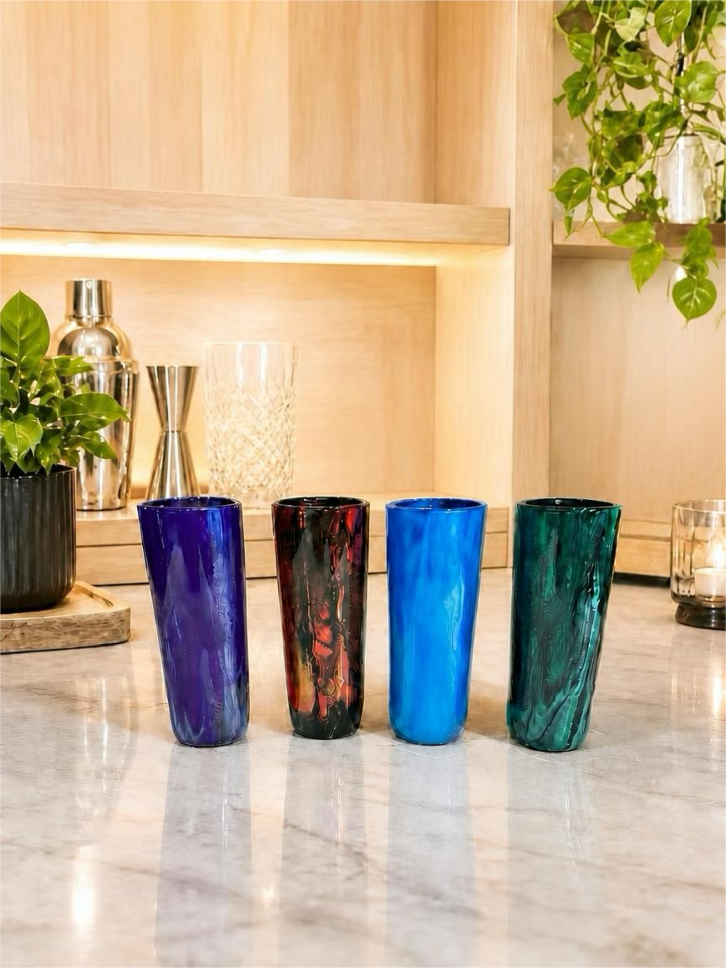 Prism Swirl Shot Glass Flight Set – 4 Glassware Collection & Custom Wood Tray