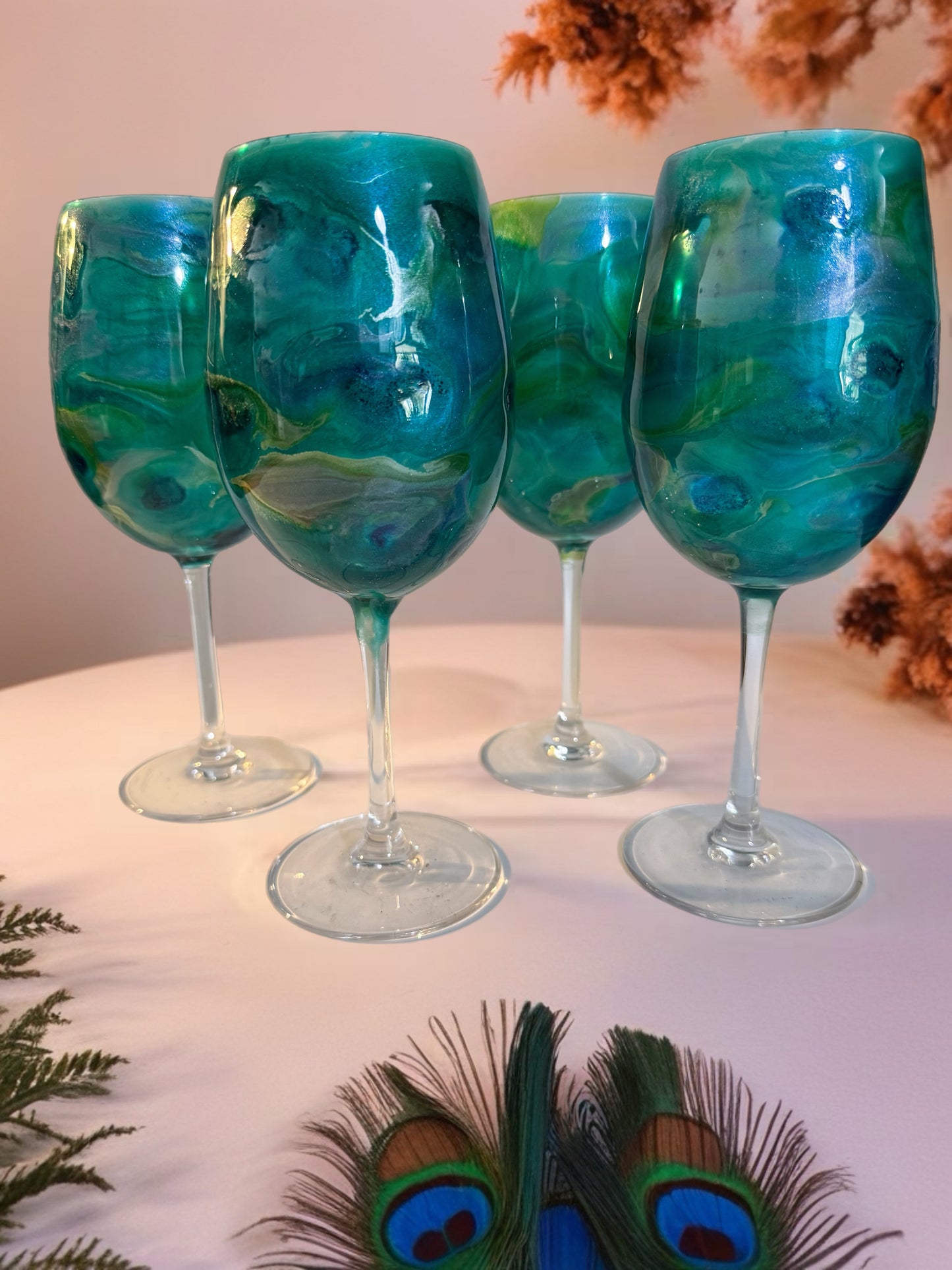 Handcrafted Blue, Green & Turquoise Marbled Wine Glass