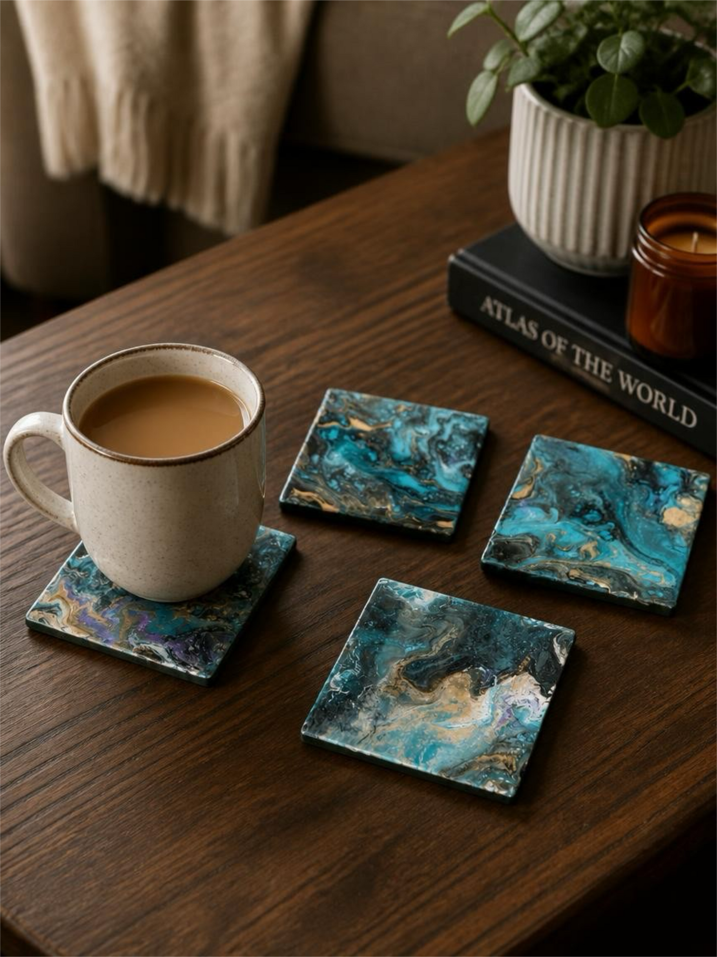 Celestial Marbled Resin Coasters – Turquoise, Gold Vein & Black