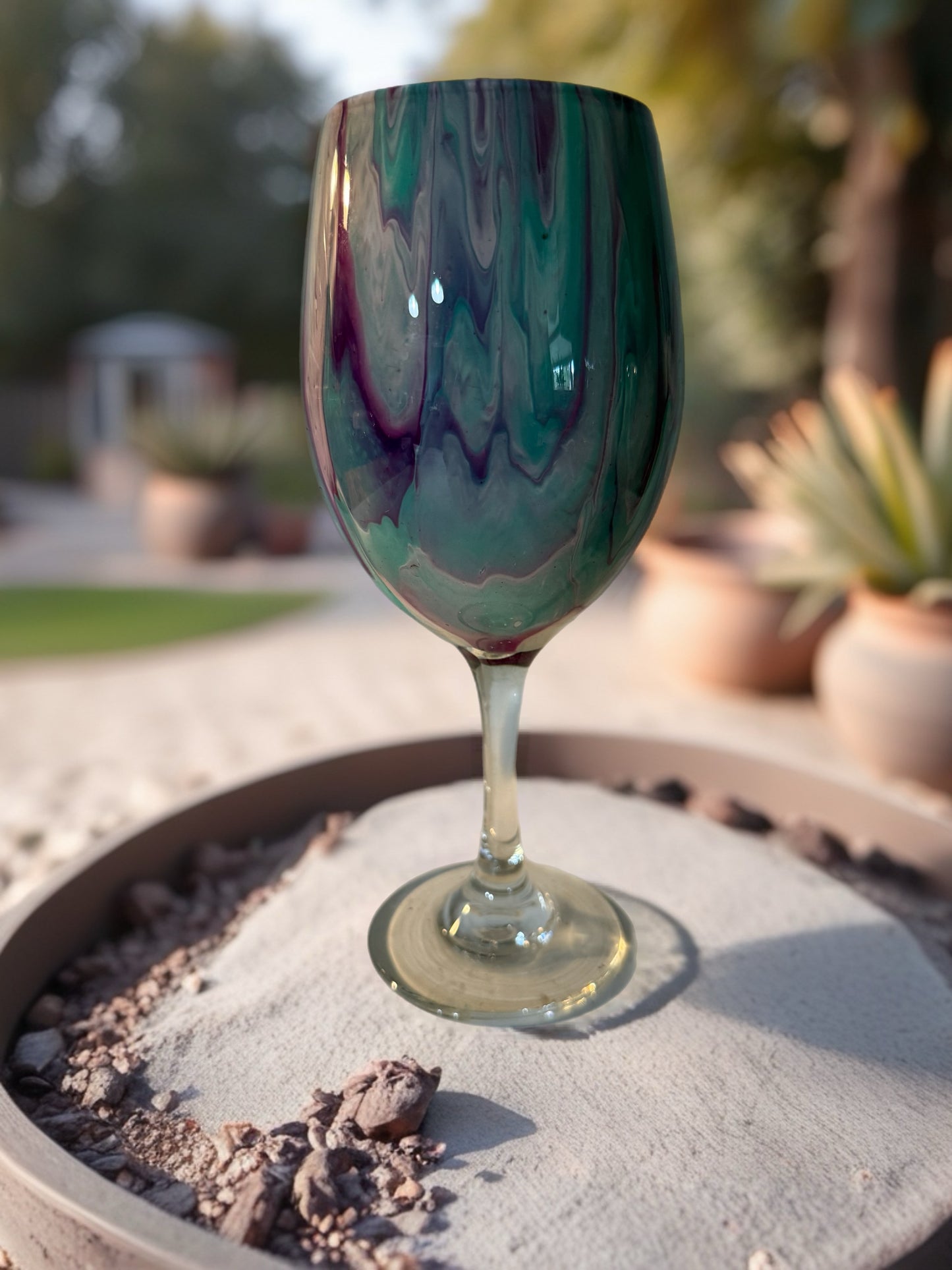 Handcrafted Turquoise & Blue Marbled Wine Glass