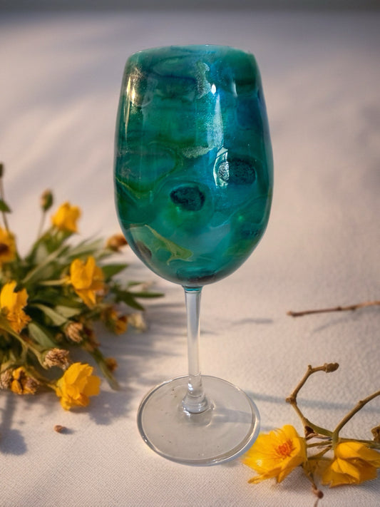 Handcrafted Blue, Green & Turquoise Marbled Wine Glass