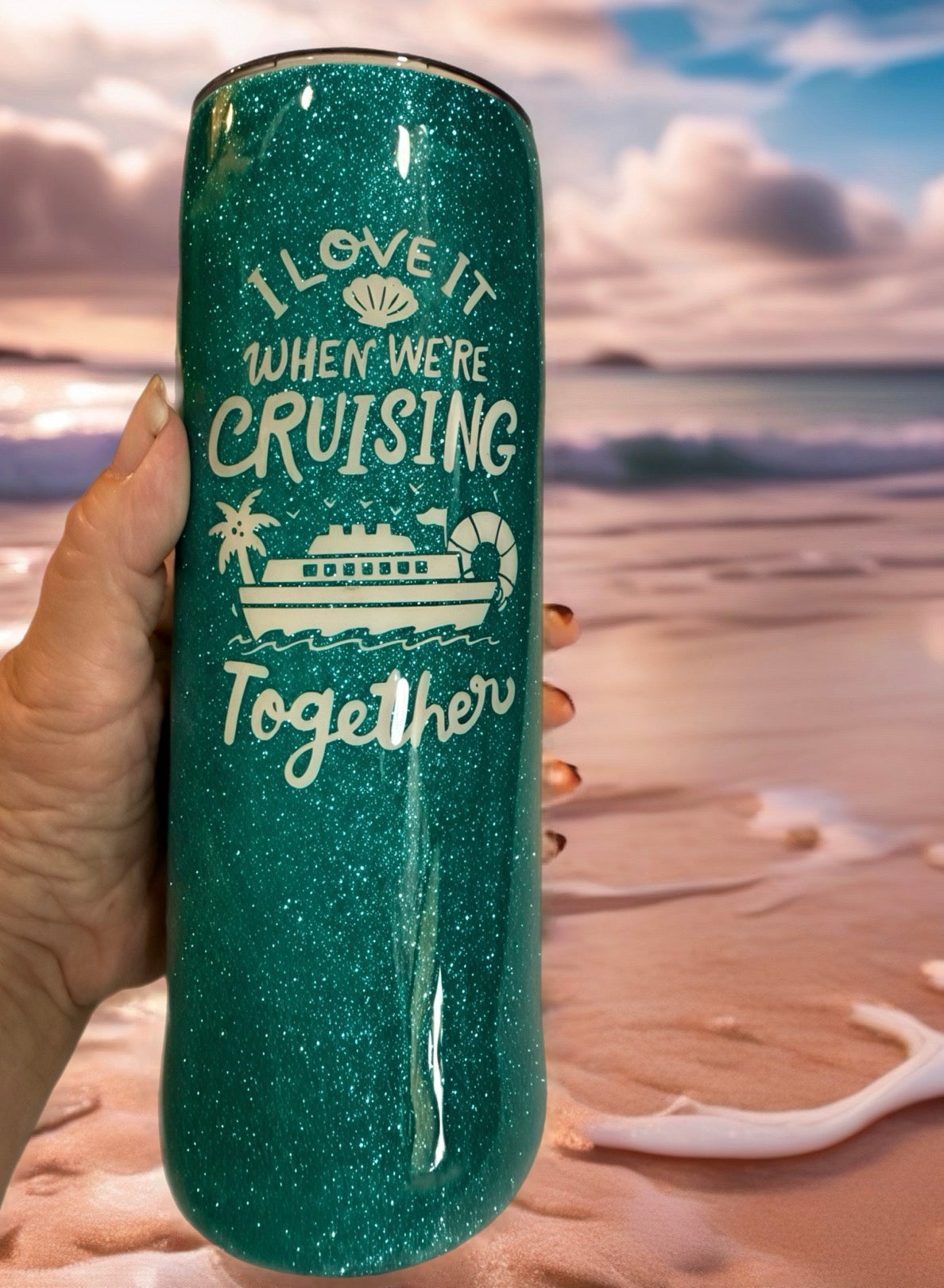 "Cruising Together” Turquoise Glittered Tumbler