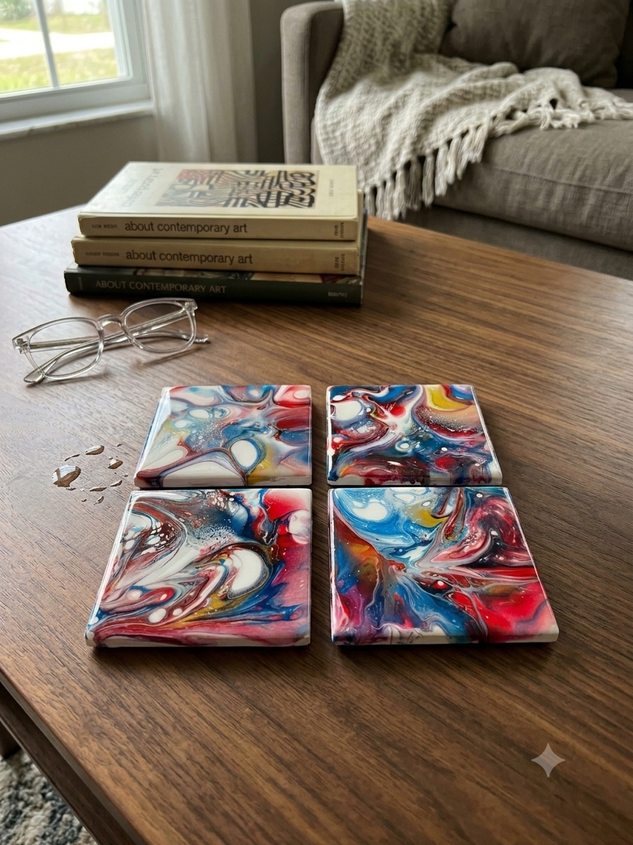 Vivid Kaleidoscope Abstract Acrylic Pour Coaster Set