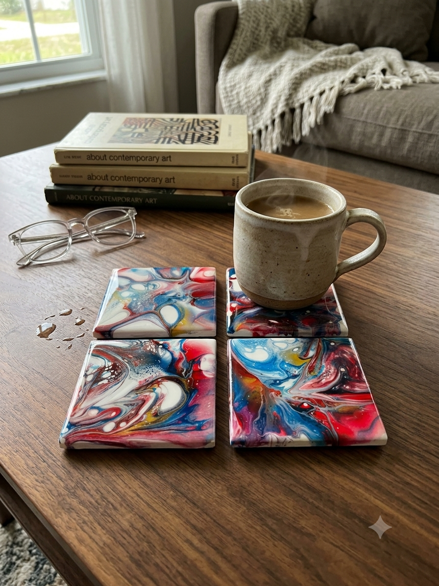 Vivid Kaleidoscope Abstract Acrylic Pour Coaster Set